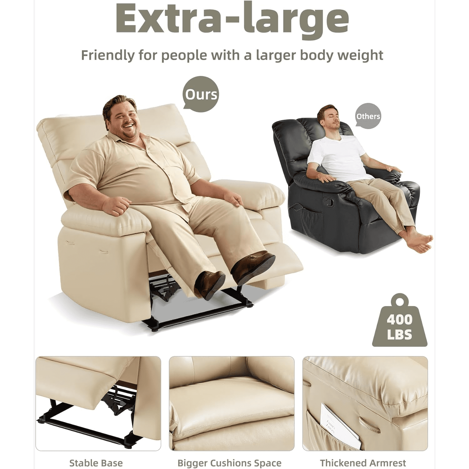 Oversized Manual Recliner Chairs for Adults, PU Leather Small Recliner Chair with 90° - 150° Adjustable Back,Lazy Boy Single Sofa Chairs for Small Space