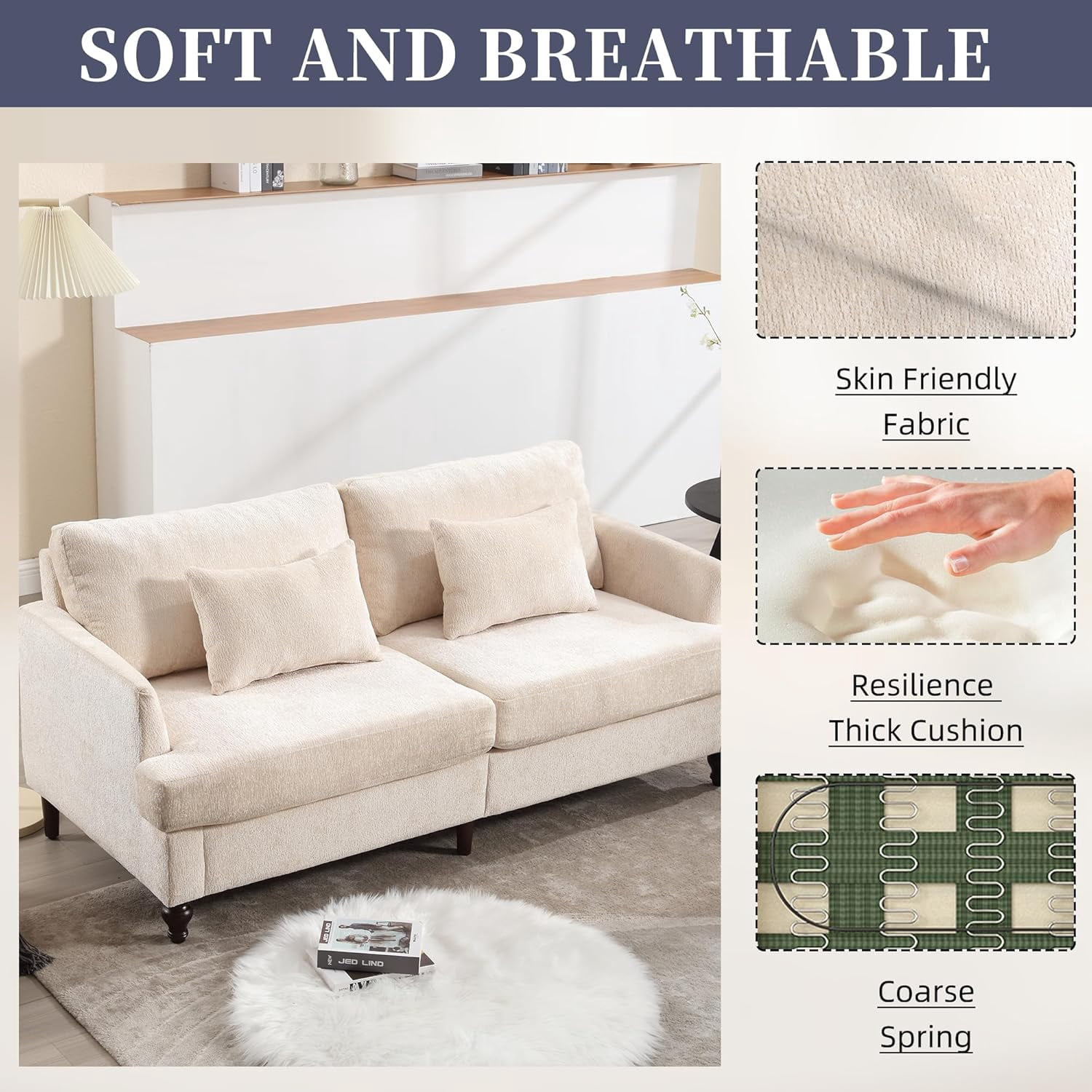 MOONMISS chenille Fabric Loveseat sofa, 2-Seat Upholstered for Living Room,Brown wood feet Beige