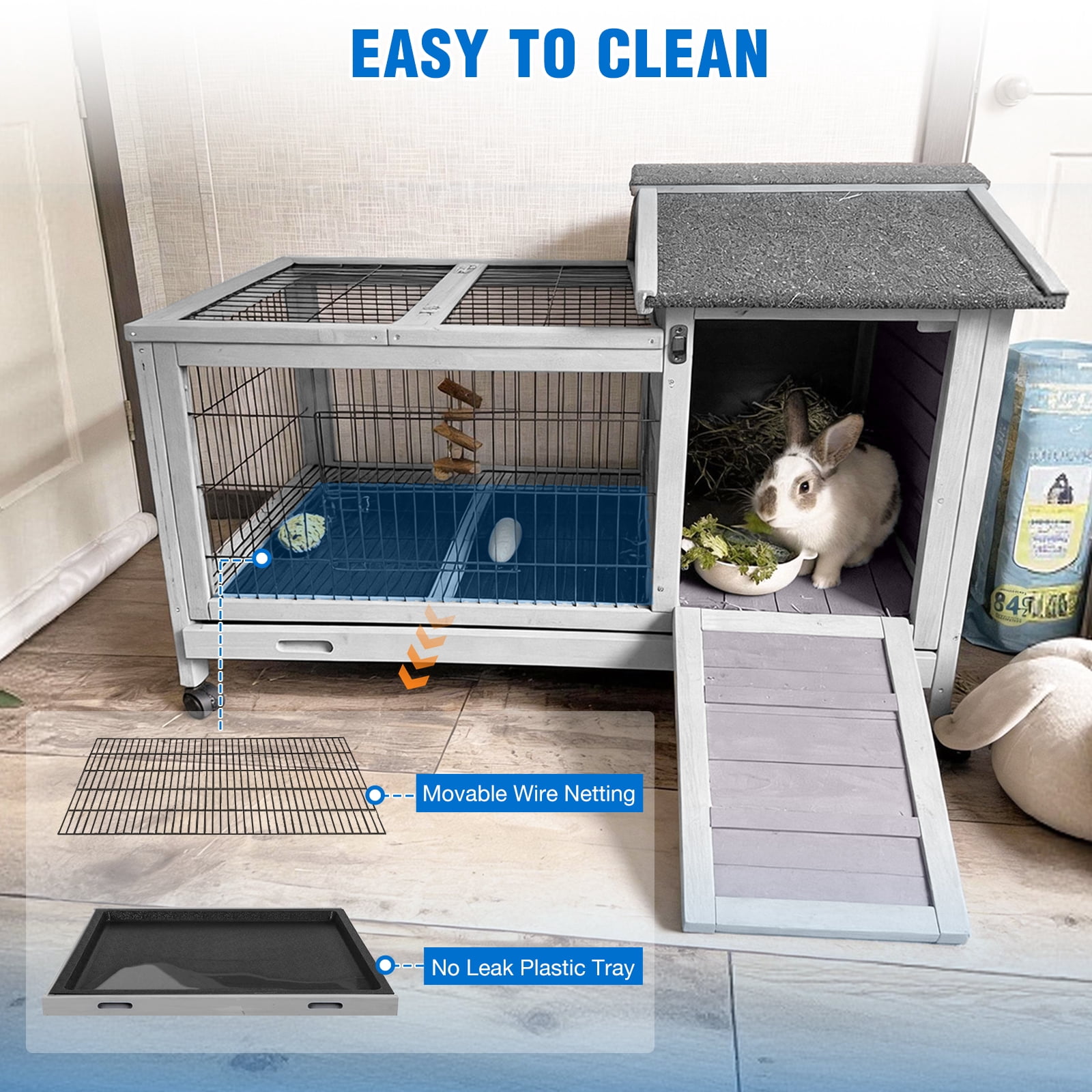 Suumerpety Rabbit Hutch Indoor Rabbit Cage Outdoor Bunny House with Wheels,No Leak Pull Out Tray