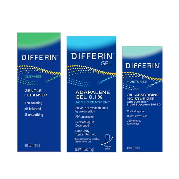 Set de Cuidado de la Piel Differin Gel 3 Paso en SPF 30 para Rostro, Limpiador Facial para Piel Sens