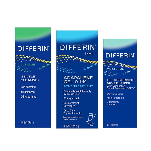 Set de Cuidado de la Piel Differin Gel 3 Paso en SPF 30 para Rostro, Limpiador Facial para Piel Sens