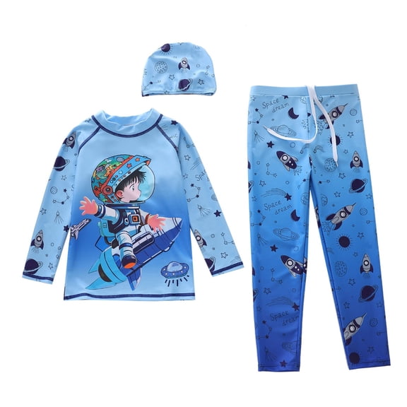 WAYUTE Boys Swim Set 3 Piece Cartoon Printed Rash Guard Stretch Long Sleeve Bathing Suit for Kids Child UPF 50 Summer Beach Pool