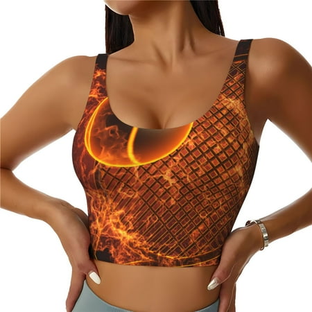 Qokaie Tennis Racket In Fire Pattern Womens Scoop Neck Sports Bra Breathable Workout Vest Padded U Back Medium Impact Fitness Gym Yoga Bra Workout Crop Top-Medium