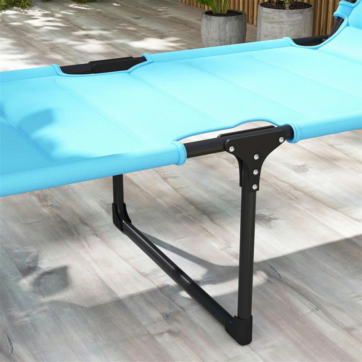 Demi Bonn Outdoor Folding Lounger with 4-Position Reclining, Pillow & Sun Canopy for Relaxing Patio, Deck, Comfortable Sun Protection Seating, Blue