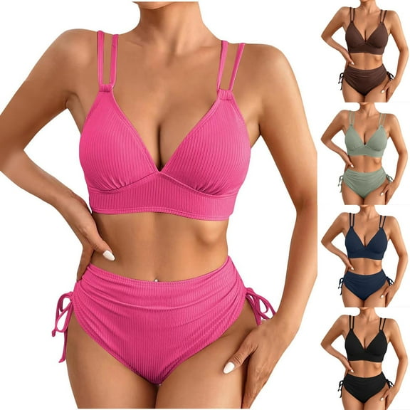 UTSJKR Women's Bikini Sets Two Piece Swimsuit V Neck High Waisted Ruched Tummy Control 2025 Summer Bathing Suit Ribbed Bras with Side Strap Thong Bottoms Black S