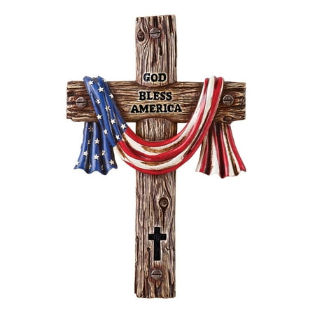 Collections Etc God Bless America Hand-Painted Cross with Draped Flag Hand-Painted Wall Décor, Hood Attached for Easy Hanging