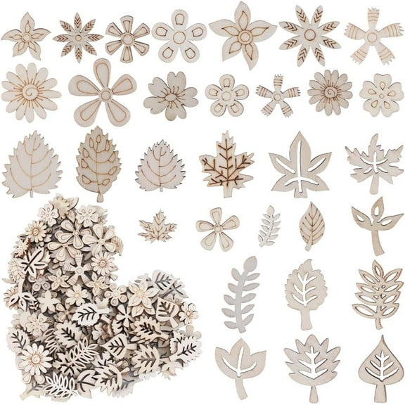 300Pcs Wooden Flower Leaf Flowers Wood Pattern Bulk Mixed Assorted Unfinished Hollow Slice Leaves Floral Art Decor Scrapbooking Handmade Decoration Chips