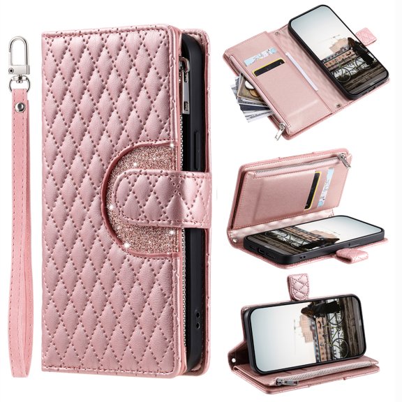for Samsung Galaxy A32 5G Wallet Case with Card Holder & Kickstand & Wrist Strap, Flip Folio Book Style PU Leather Protective Cover with Crossbody Strap for Samsung Galaxy A32 5G, Rosegold