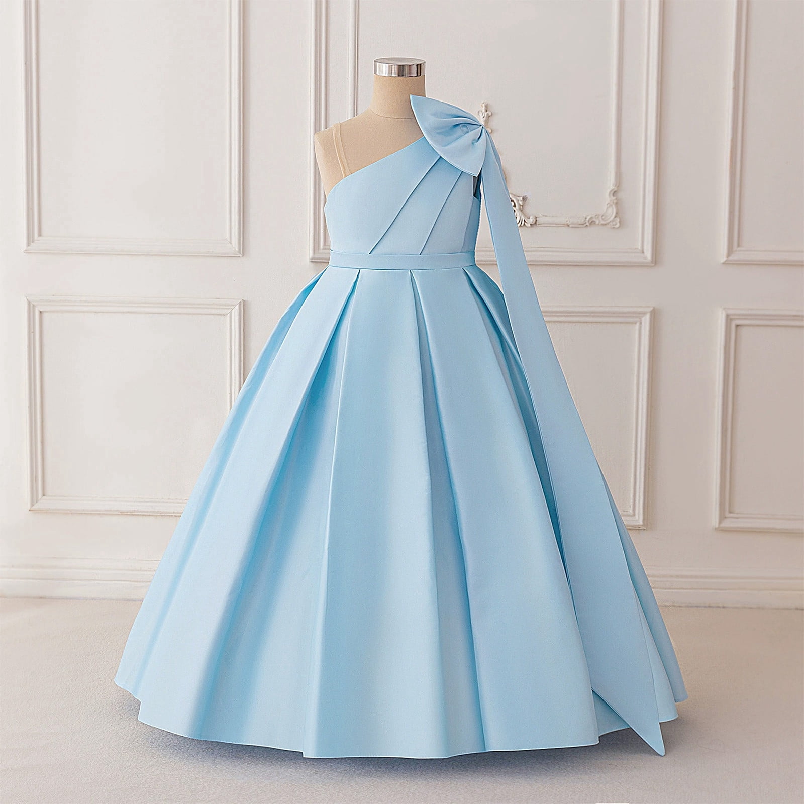 Wdgfv Girls Satin Formal Dress Bow Shoulder Straps Pageant Party Gown Elegant Evening Toddler Dresses for Sky Blue 9 Years