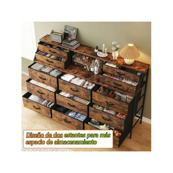 Cajonera, Cómoda con 13 cajones Grandes, Cómoda de Dormitorio con 2 estantes, Cómoda Larga para Armario, Adecuada para Sala de Estar, Pasillo, Dormitorio (Marron)