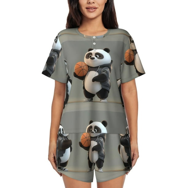 Fotbe Cartoon Pandas Basketball Conjunto de Pijama Estampado para Mujer, 2 Piezas, Ropa de Dormir con Camiseta de Manga Corta y Shorts Suaves-Medium