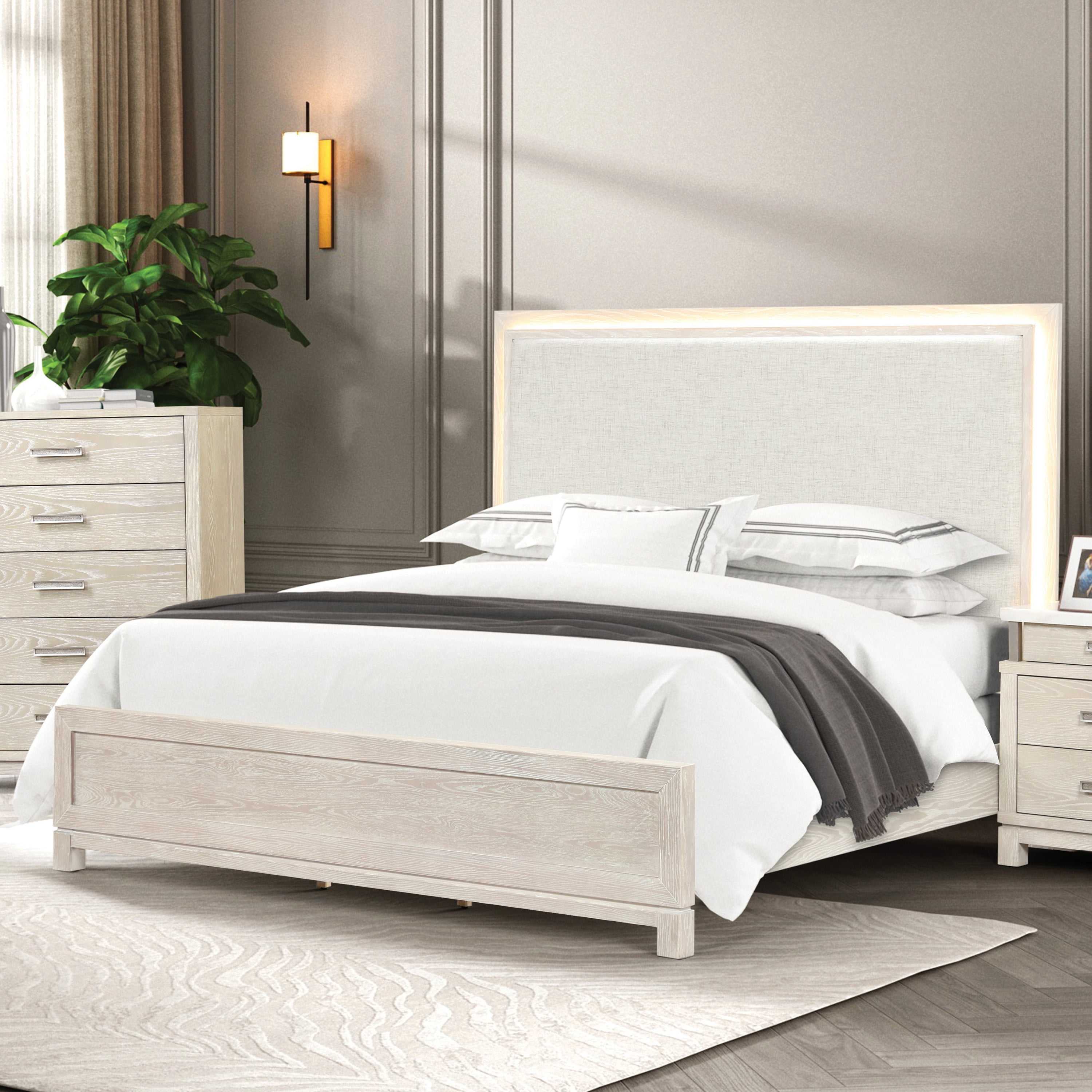 Furniture of America Sagnet Solid Wood Panel Bed with LED, Queen, Weathered Gray