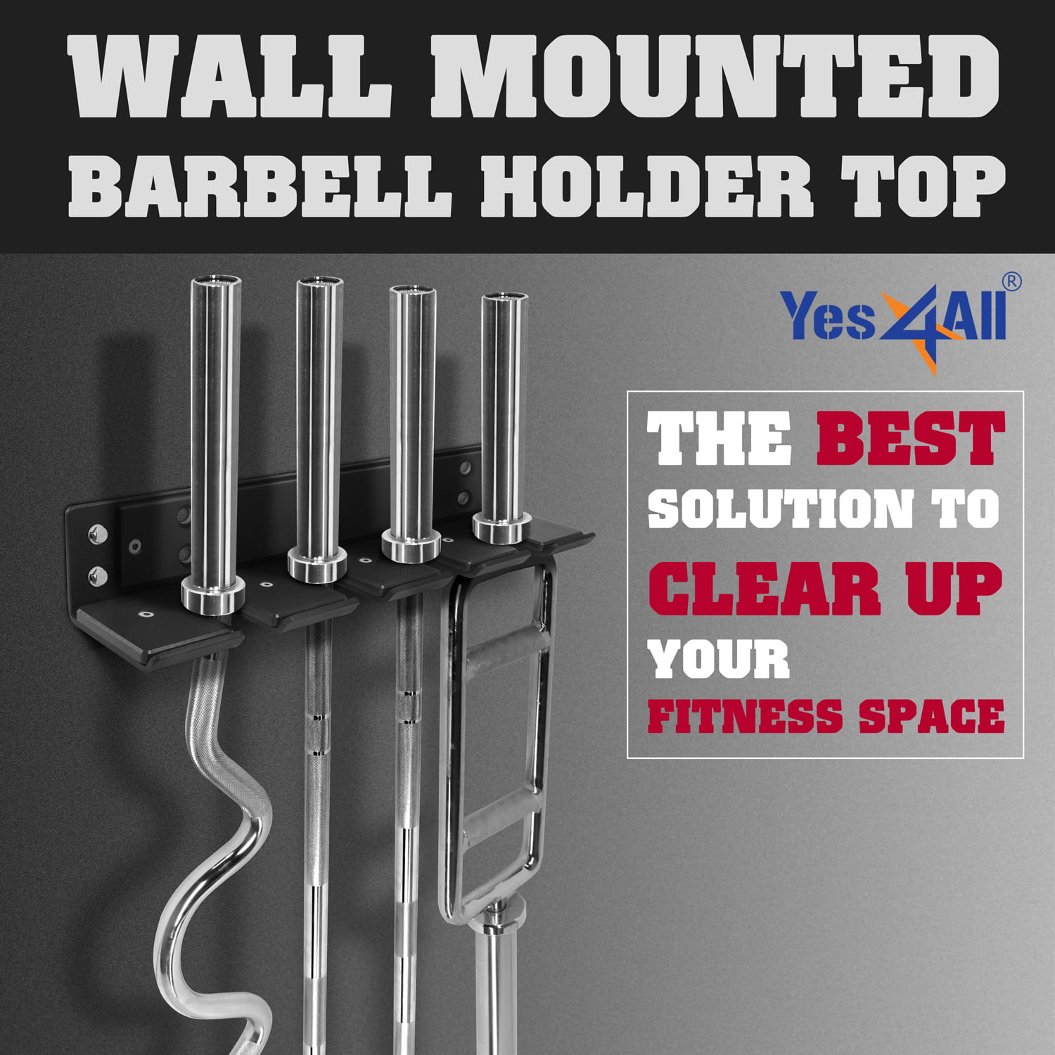 Yes4All Wall Mounted Olympic Barbell Holder 4 Bar Vertical Barbell Storage Rack