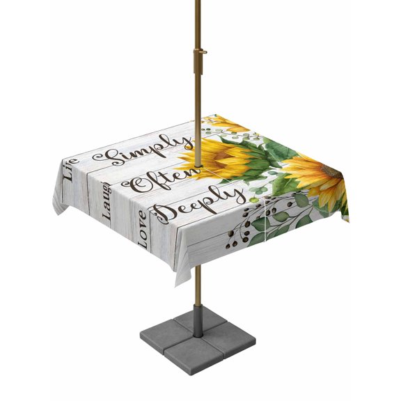 Outdoor Tablecloth with Umbrella Hole for Patio/Picnic/Party/Camping, Yellow Sunflowers Waterproof Table Cloth Square Cover Washable, Farmhouse Floral Rustic Botanical Grey Wood (54"x 54")