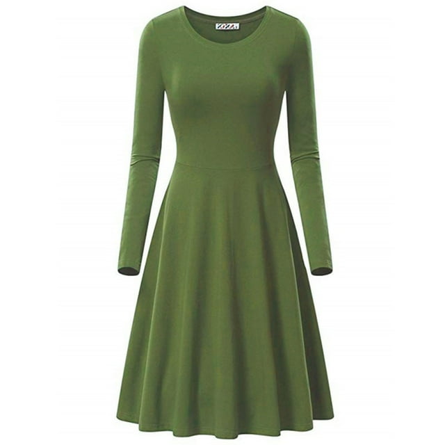 cfhntfmh Robes de Travail pour Femmes Détente Col Rond Manches Longues Robe de Bureau Grande Taille Décontractée Plissée Couleur Unie Robe Ligne A