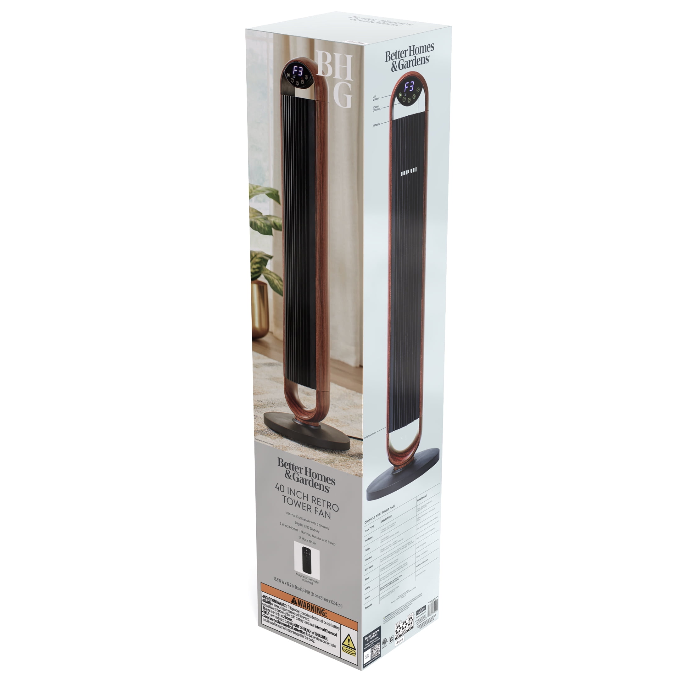 Better Homes & Gardens 40'' 5-Speed Oscillating Tower Fan with Remote Control, 3 Wind Modes, 12H Timer, Walnut & Black
