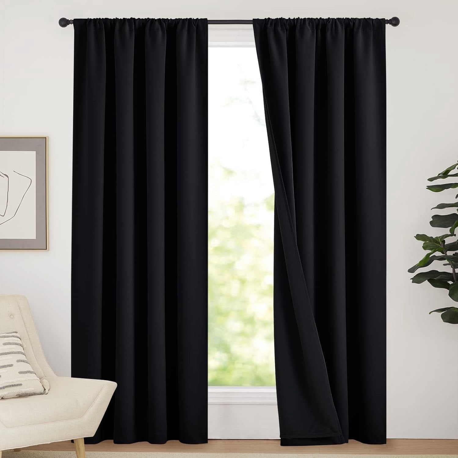 NICETOWN Blackout Curtains for Bedroom, Thermal Insulated Soundproof 100% Light Blocking Drapes 2 Layers Full Blackout Rod Pocket Energy Efficiency Curtains with Black Liner, Black, 52"x84", 2 Panels