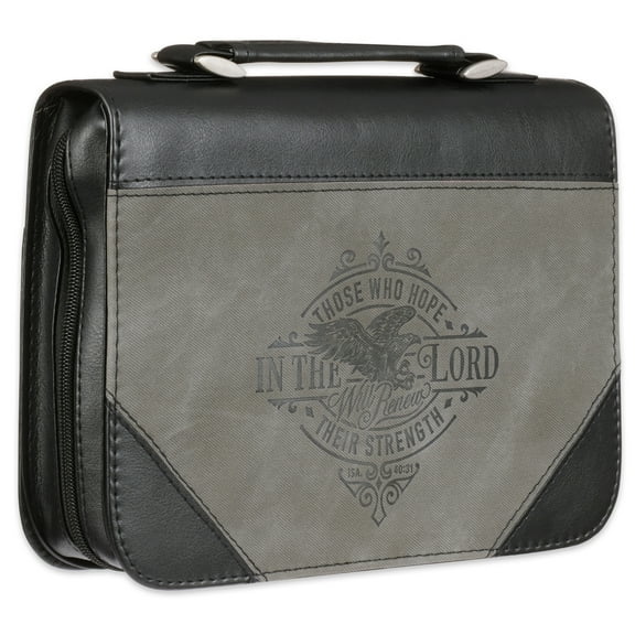 Christian Art Gifts Vegan Leather Classic Scripture Bible Cover for Men: Hope in the Lord Inspirational Bible Verse, Sturdy Book Protection Carry Case w/Sleeves & Pen Loops, Black & Gray Eagle, Large