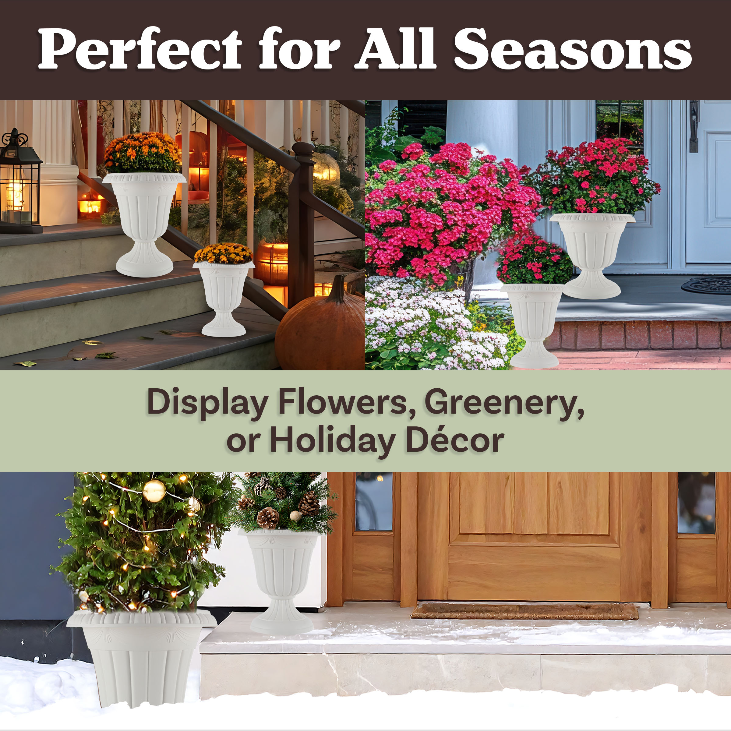 Pure Garden Large and Small Outdoor Urn Planter 2-Pack, White