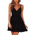 thumbnail image 1 of Robe Patineuse Mini Évasée pour Femmes à Col en V, Bretelles Spaghetti, Nœud, Dos Nu, Sans Manches, en Dentelle, 1 of 7