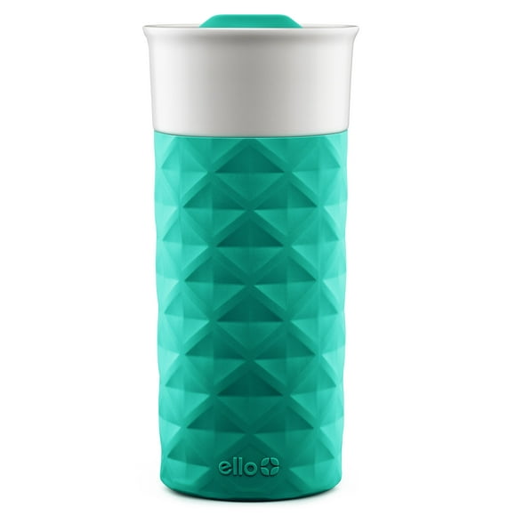 Taza de viaje de cerámica Ello Ogden 473 ml con tapa y funda, color verde azulado