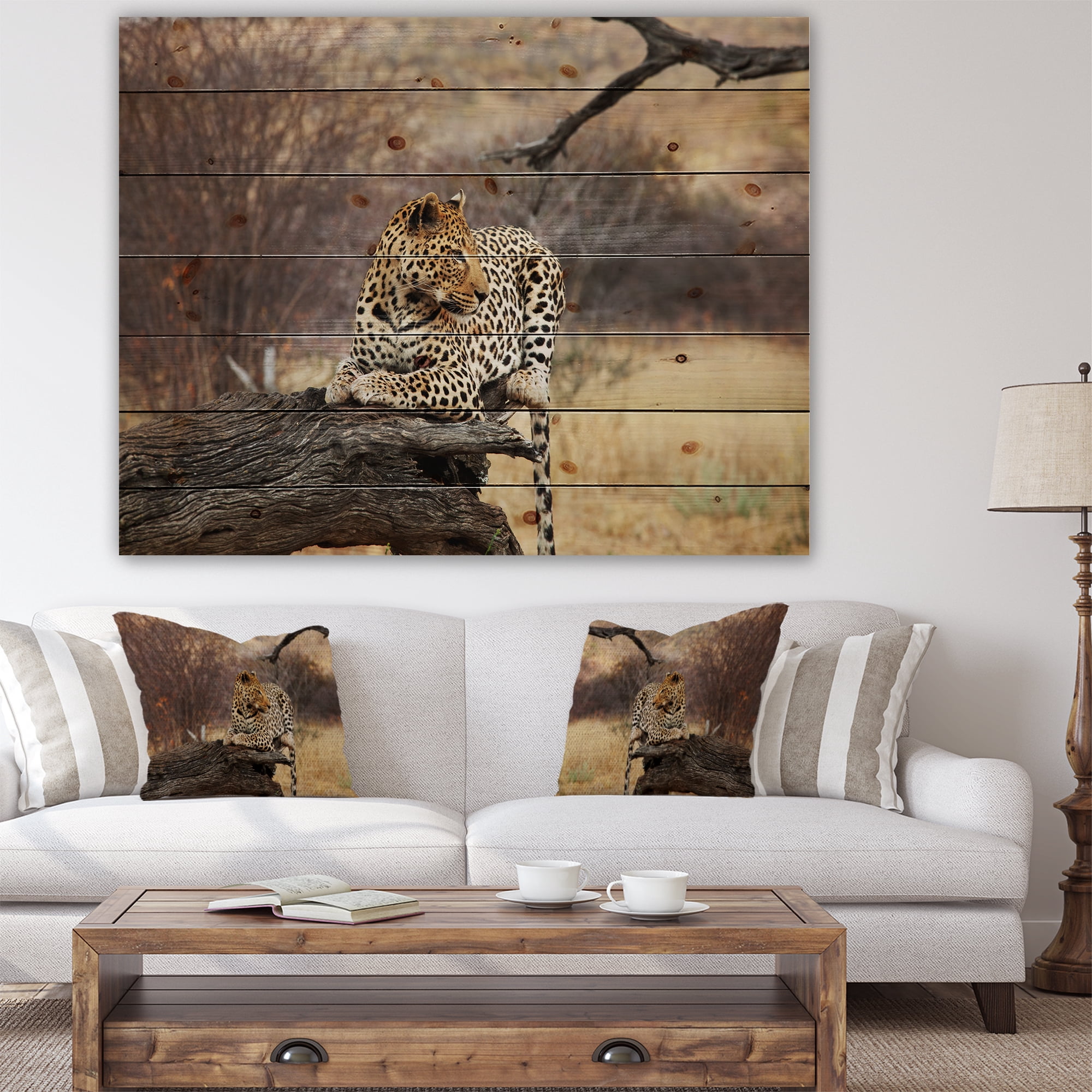 Designart 'Leopard Sitting on Tree Trunk' African Print on Natural Pine Wood