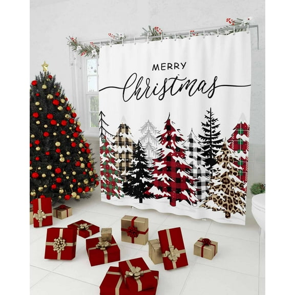 Xmas Tree Christmas Shower Curtain, Snowflake Red Green Brown Waterproof Washable Boho Funny Cute Shower Curtains Set for Bathroom Farmhouse Bathtubs Decor with Hook, 36"Wx72"L