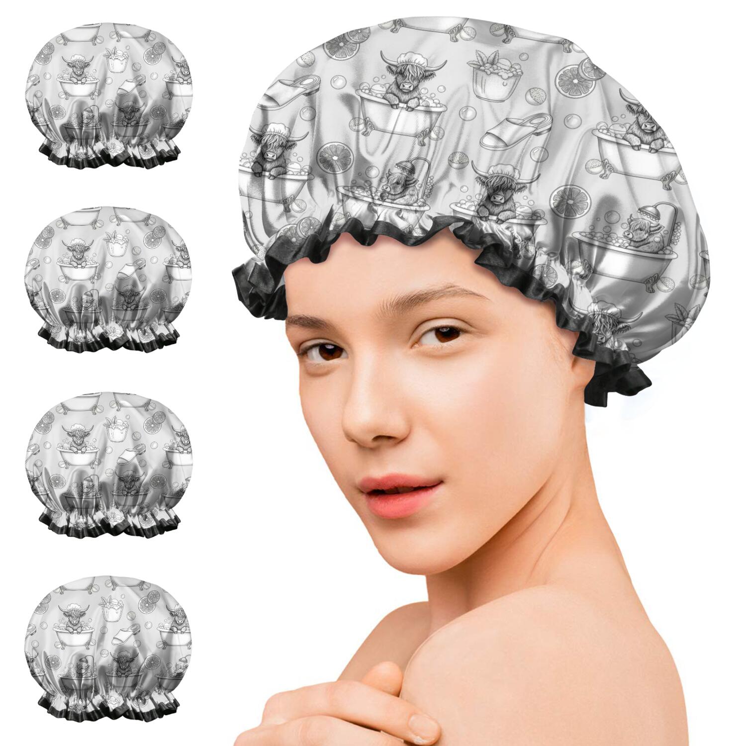 Shower Caps,Gray Highland Cow Bathtub Lemon Pattern Waterproof Shower Cap for Women 4 Pieces,Double Reusable Hair Cover for Shower PEVA Elastic Stretch Hem