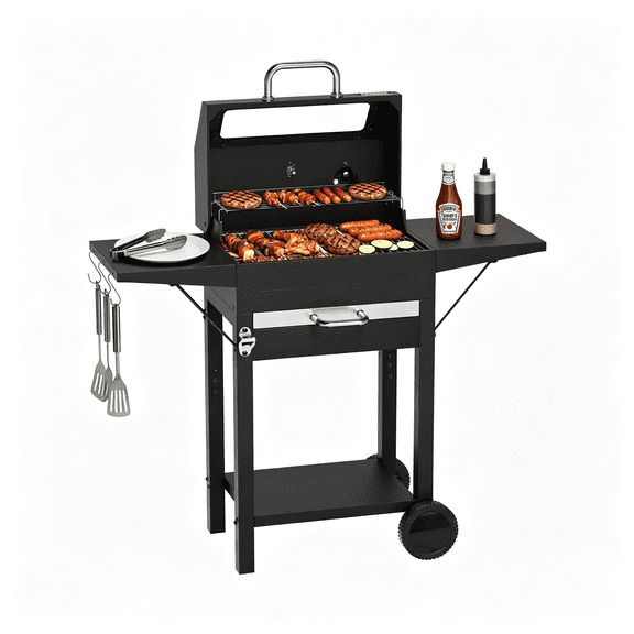 KOBENDA 20 inch Charcoal Grill with Side Tables & Glass Viewing Window, Outdoor BBQ Grill for Backyard , Black