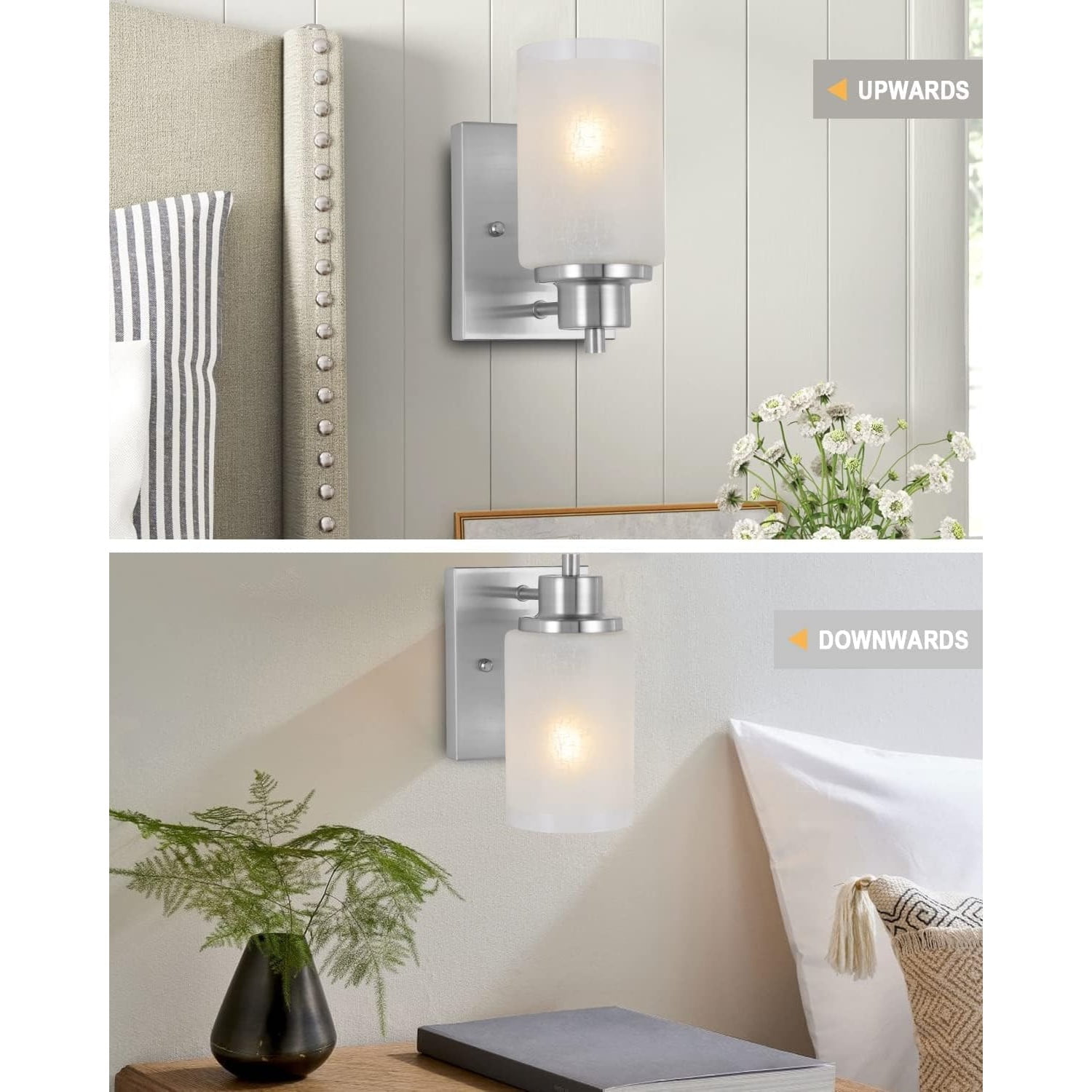 2 Pack Bath Vanity Light Fixture, Modern Indoor Wall Scone Lighting White Linen Frosted Glass Shades with Brush Nickle Finish Wall Lamp for Bathroom Kitchen Entryway Bedside
