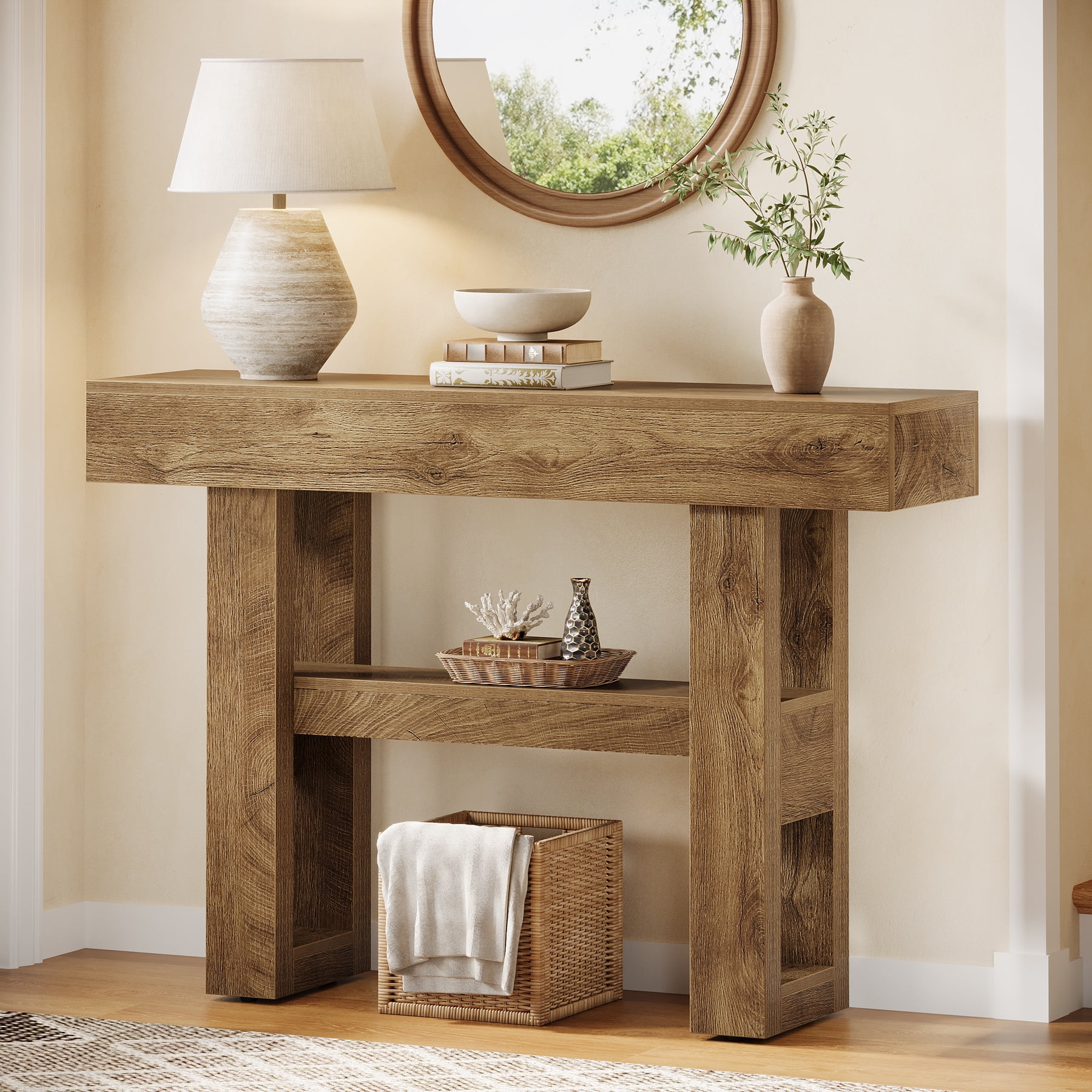 Tribesigns 41.34-Inch Farmhouse Console Table, 2-Tier Narrow Sofa Table Behind the Couch, Entryway Furniture with Storage Shelves for Living Room, Hallway, Foyer, Natural Brown