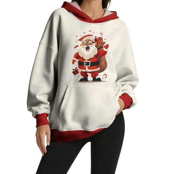 Fiaer Christmas Hoodie for Women Trendy Oversized Cute Santa Graphic Hooded Sweatshirts Long Sleeve Baggy V Neck Long Sleeve Tops with Pockets 4-White XS