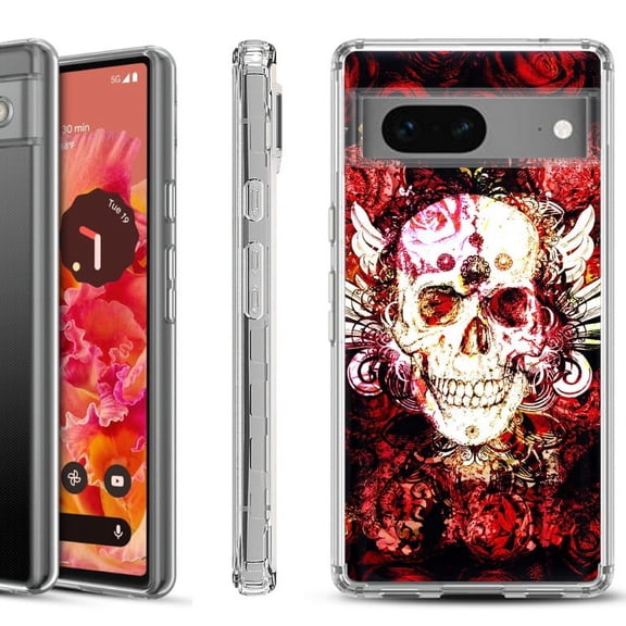 Shockproof Phone Case for Google Pixel 8a 5G, Hybrid Case Cover, by OneToughShield - Rose Skull