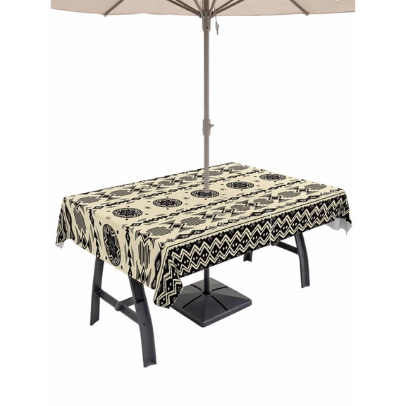 Outdoor Tablecloths with Umbrella Hole & Zipper, Black Khaki Boho 60 x102 Inch Rectangle Tablecloths, Vintage Ethnic Tribe Abstract Art Retro Waterproof Table Cloth, Patio/Pool/Picnic Table Covers