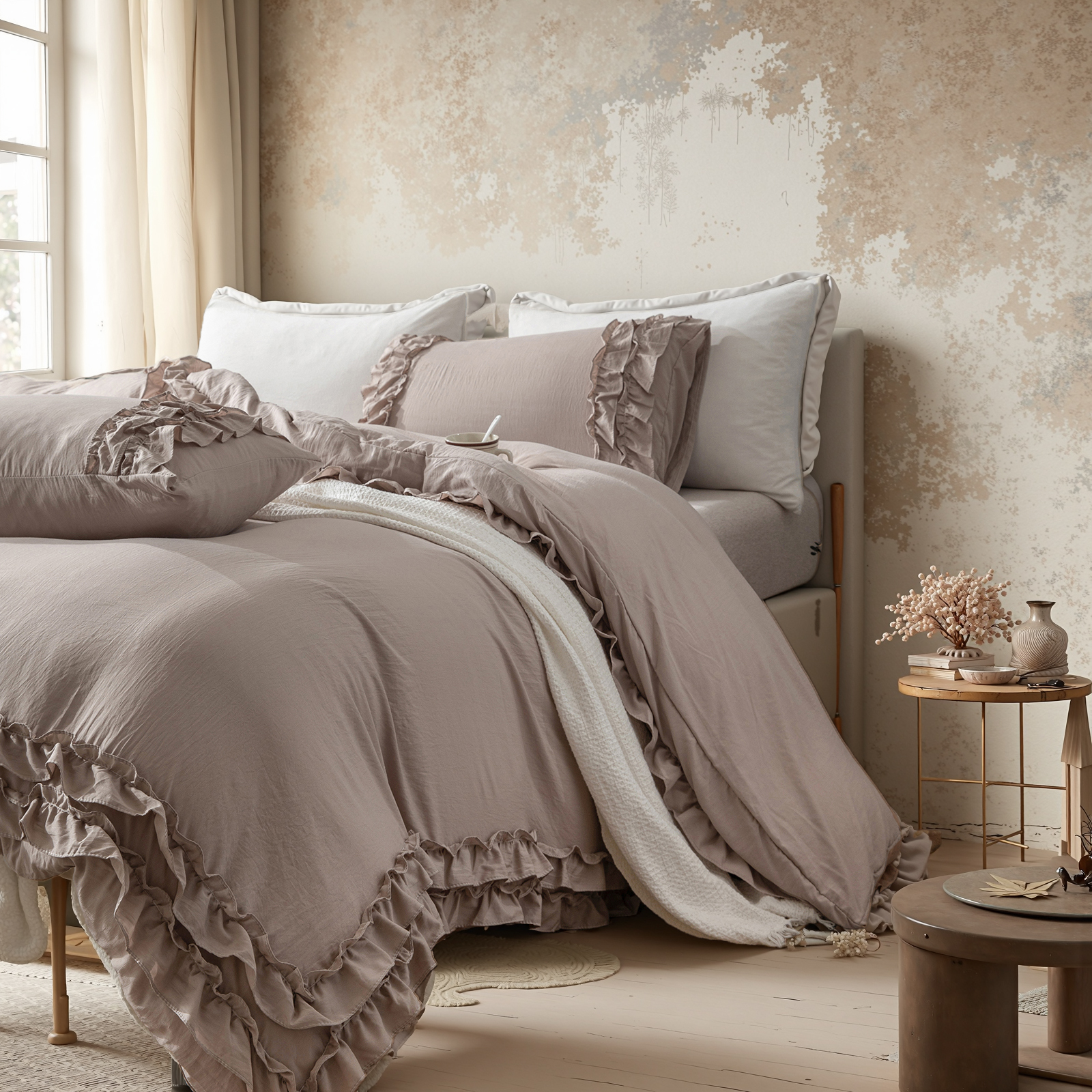 Boho Ruffled Comforter Set Super Soft Cozy Bedding Set with Pillowcases Elegant Chic Bedroom Decor Rustic Farmhouse Quilt Comforter 3 Pcs Set