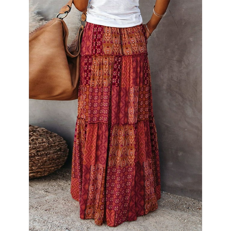 Caitzr Womens Vintage Maxi Skirt with Pockets Paisley Print Maxi Skirt Bohemia High Waist Summer Long Skirts Walmart