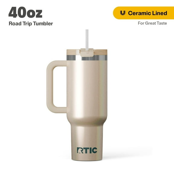 RTIC 40 oz Ceramic Lined Road Trip Tumbler, Leak-Resistant Lid with Straw, Beach Glitter