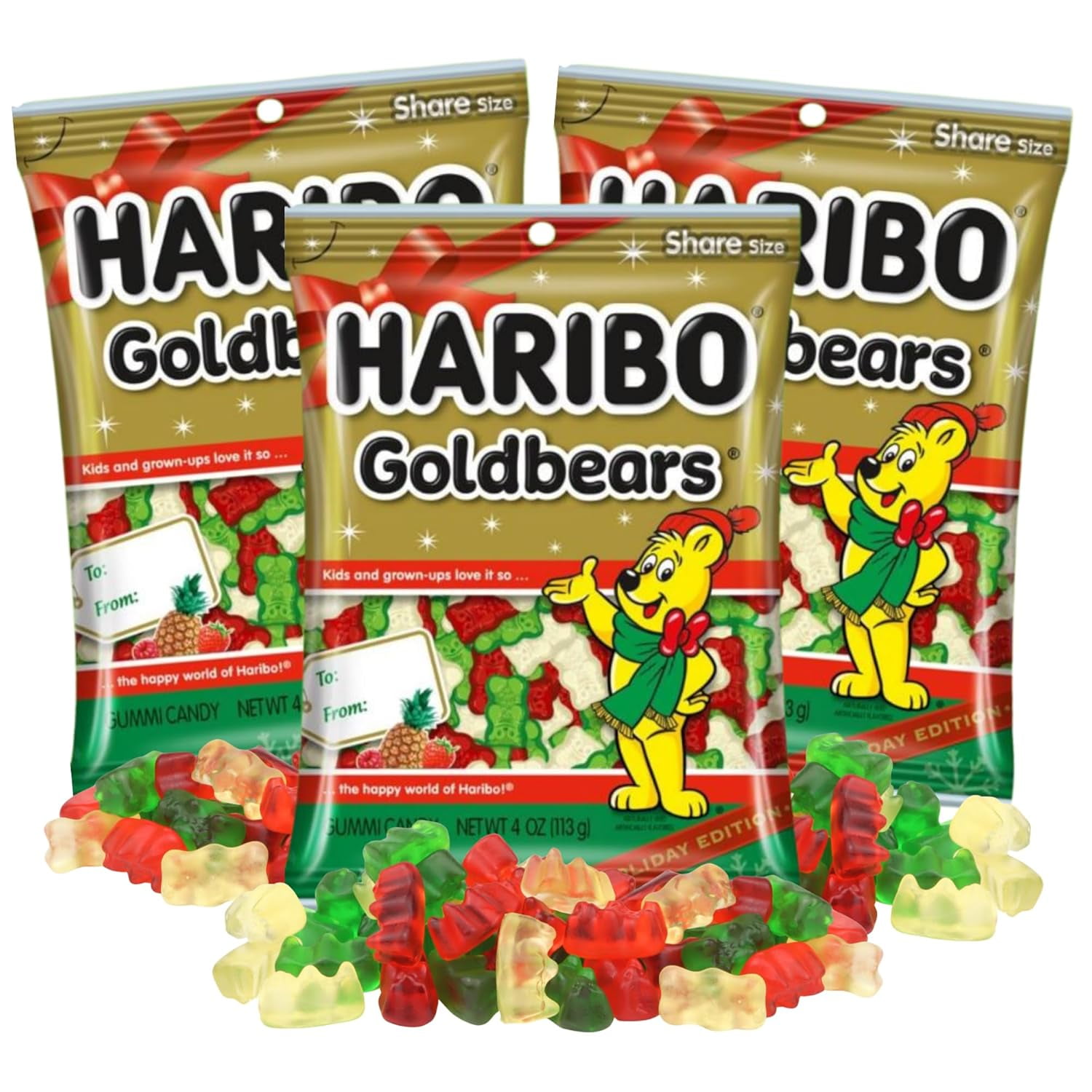 Haribo Christmas Goldbears, Holiday Gummy Candy, Pack of 3, 4 Ounces per Bag
