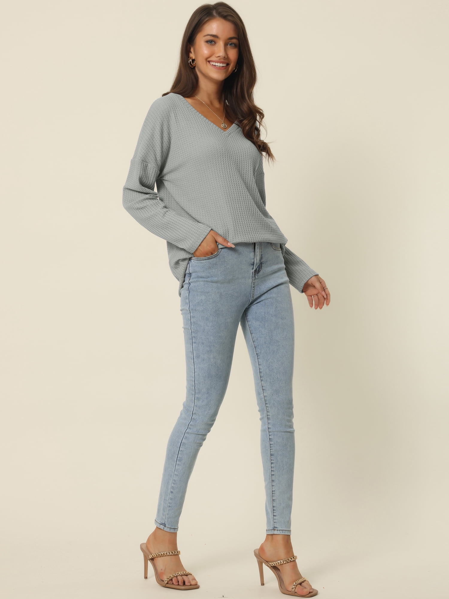 Women's Waffle Knit V Neck Long Sleeve Casual Blouse Lightweight Top L Grey
