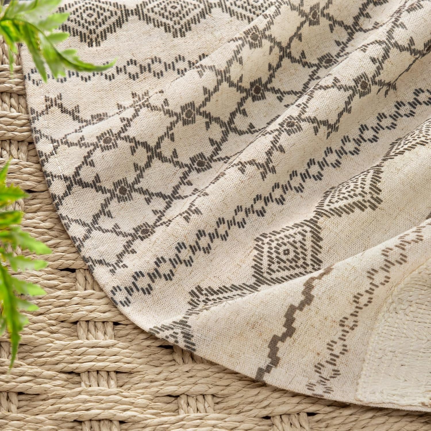 Boho Linen Shower Curtain for Bathroom,with Striped Print and Twine-Inspired Woven Center,72" W x 72" L,Beige