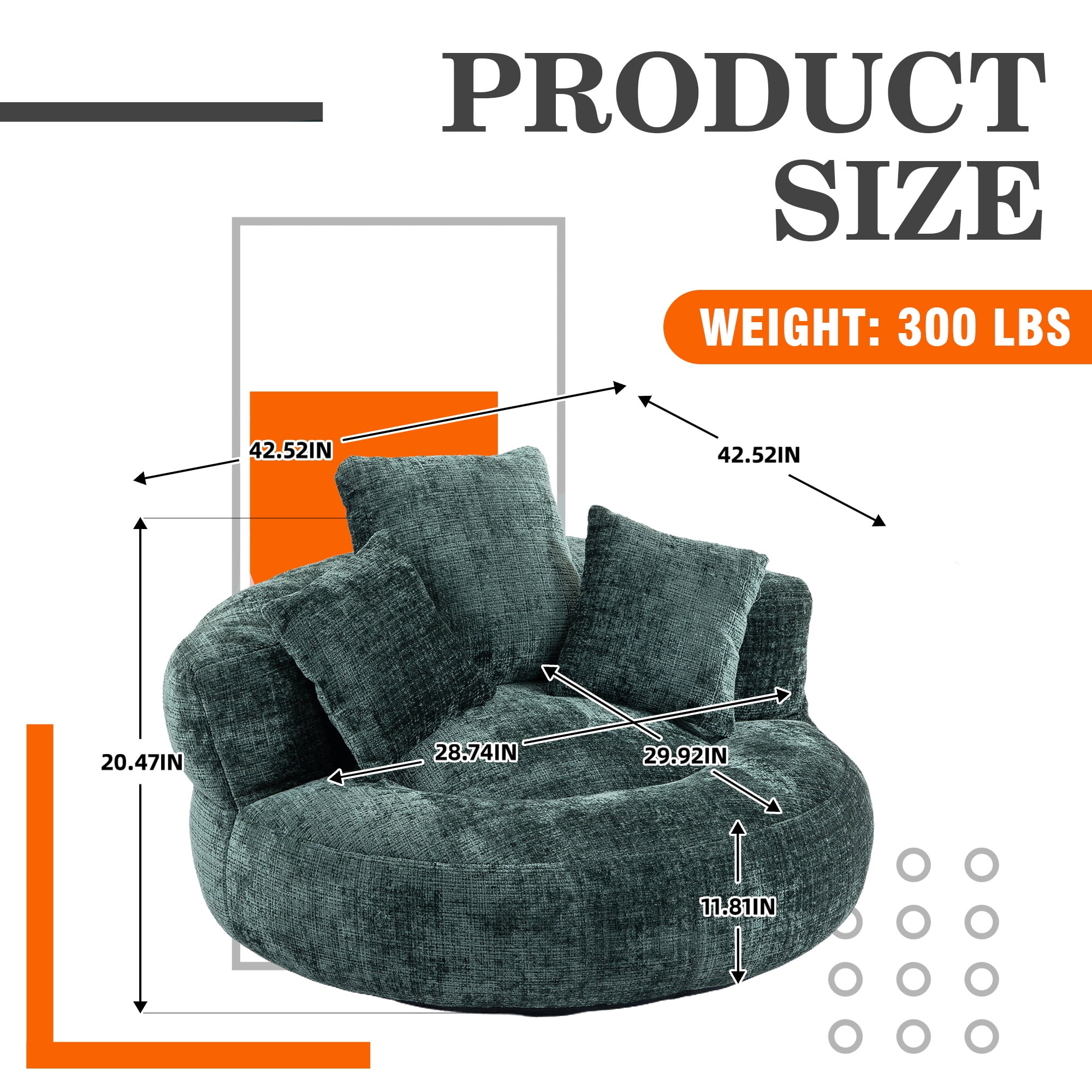 MOONMISS Chenille Upholstered Durable Comfort Lounger Bean Bag Lazy Sofa with Three Pillows-Emerald