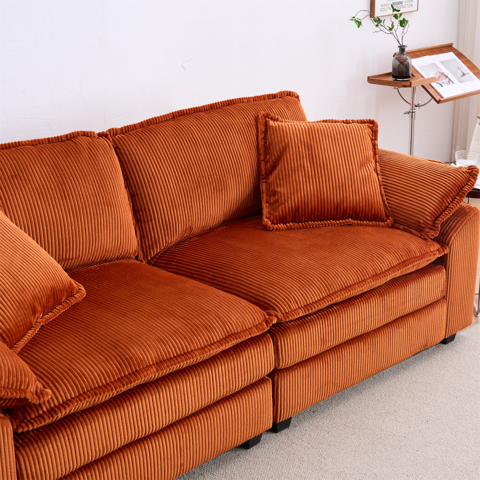 Aukfa Modular Sectional Couch Deep Seat Loveseat Sofa with 2 Ottoman for Living Room, 6 Pillows, Corduroy, Orange