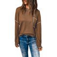 thumbnail image 3 of POGLIP Women's Brown Contrast Stitching Waffle Top, 3 of 6