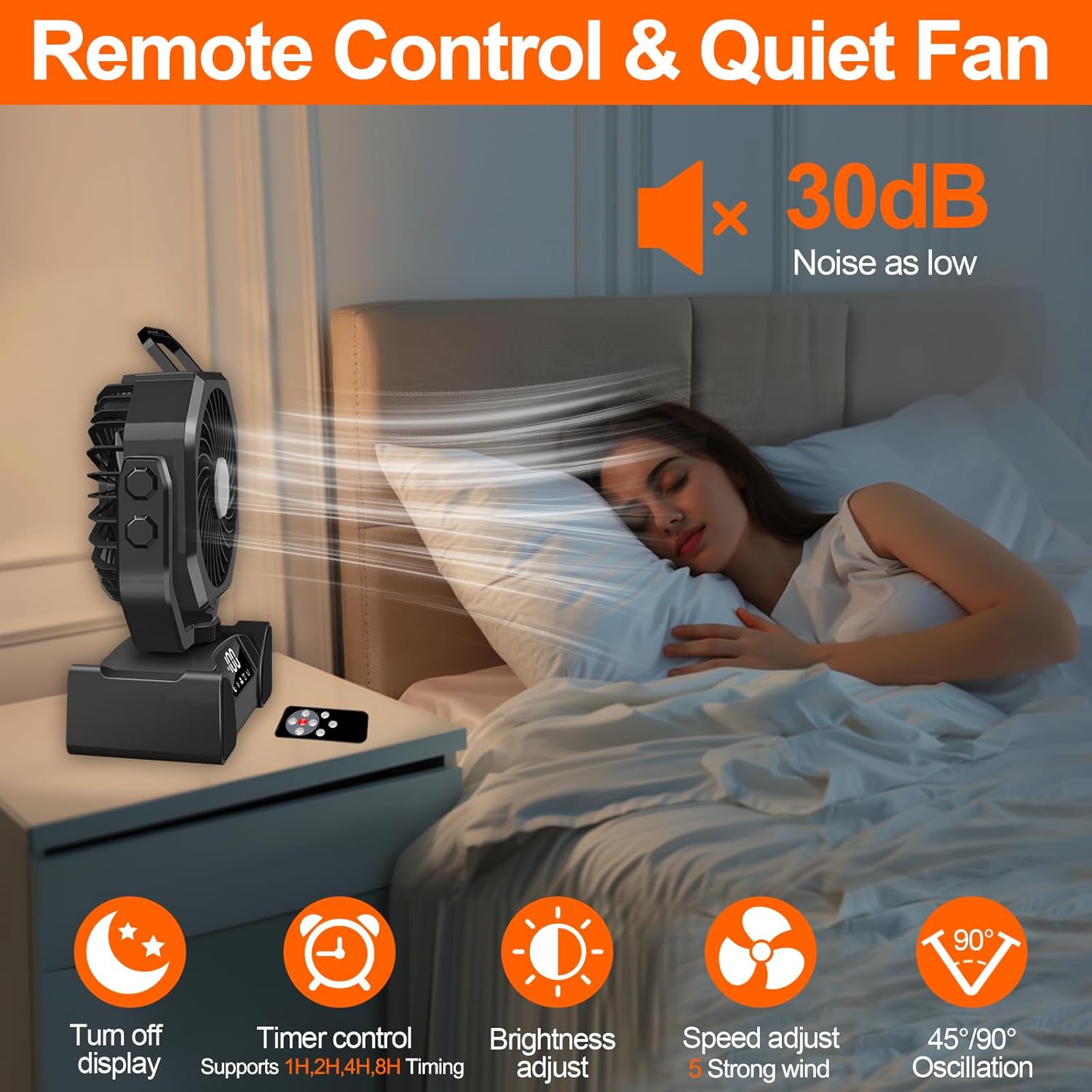 Portable Camping Fan Battery Operated Powered Fan with Remote Control & LED Lantern,20000mAh Battery Rechargeable,LED Digital Display,Oscillate,Timer,Rotation Hanging Hook for Tents Travel - Black