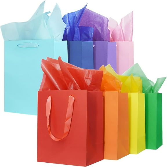 8 PCS Gift Bags Medium Size with Handles and Tissue Paper for Birthday Baby Shower Christmas (10”, Rainbow Colors)