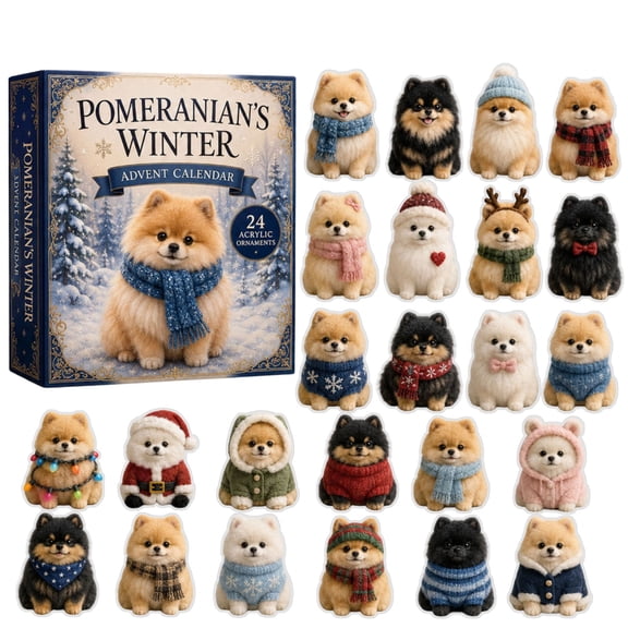 Winter Pomeranian Advent Calendar 2026, 24-Day Countdown Set with 24 Assorted 2D Acrylic Ornaments for Christmas Decor and Gifts