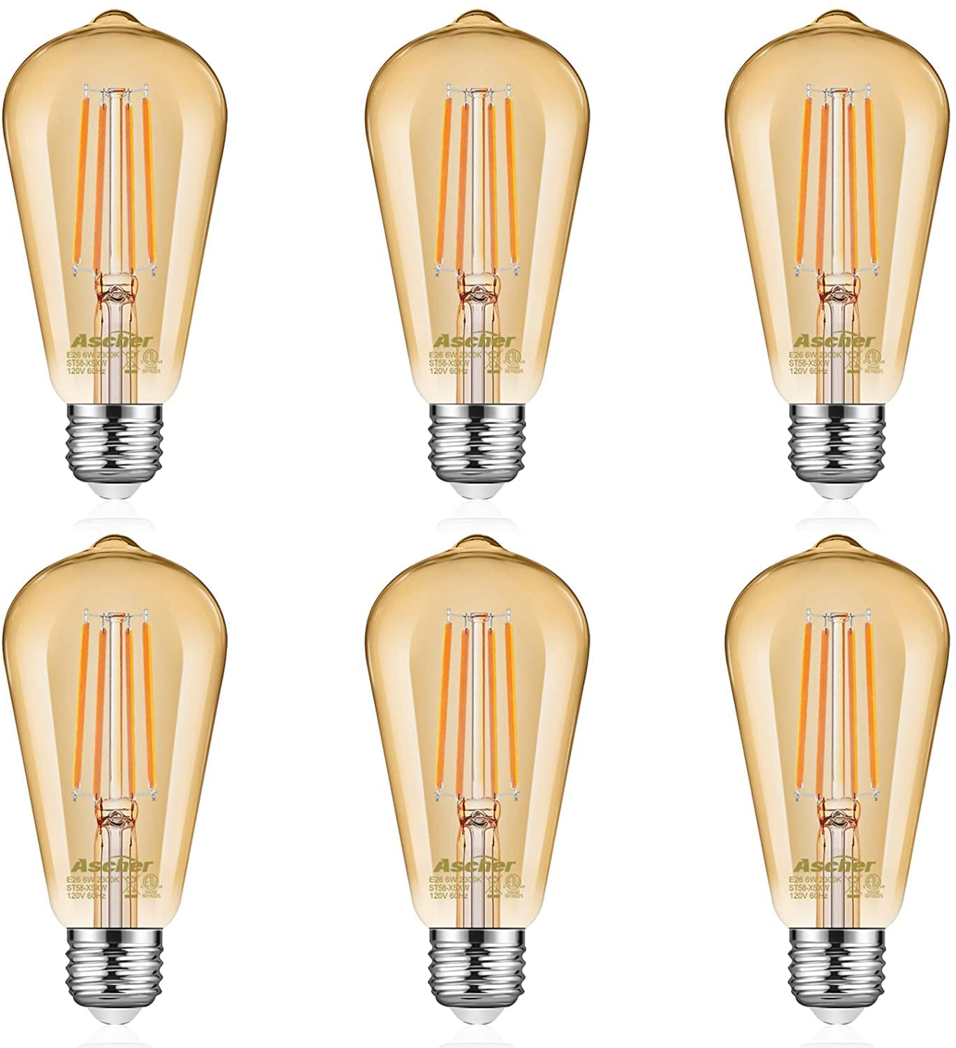 Ascher Vintage LED Edison Bulbs 6W 700 Lumens Equivalent 60W E26 Base Amber Warm 2300K Non-Dimmable 4 Packs Antique Style ST58 LED Filament Bulbs 