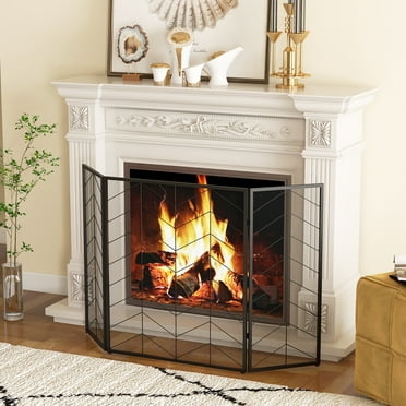 Amijoy 52" x 31" 3-Panel See-Through Metal Fireplace Screen, Foldable Fire Spark Guard Grate , Free Standing Furnace Fireguard Mesh Cover