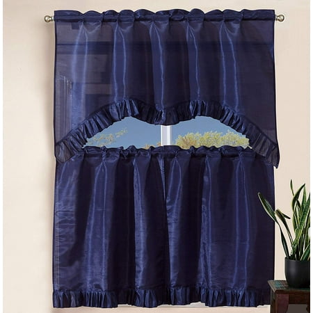 36 Inch Gold Leaf - Decotex 3 Piece Pleated Ruffles Faux Silk Solid Kitchen Window Treatment Curtain Set with Tiers and Valance (36
