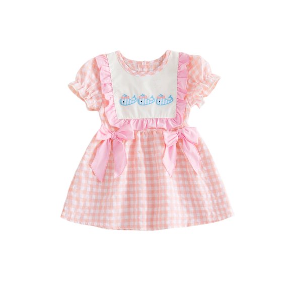 BemeyourBBs Toddler Baby Girl Summer Plaid Gingham Dress 6 12 18 24 Months 2 3 4 Years Whale Embroidered Plaid Bows Ruffled Trim Crew Neck Short Sleeve A Line Casual Dress